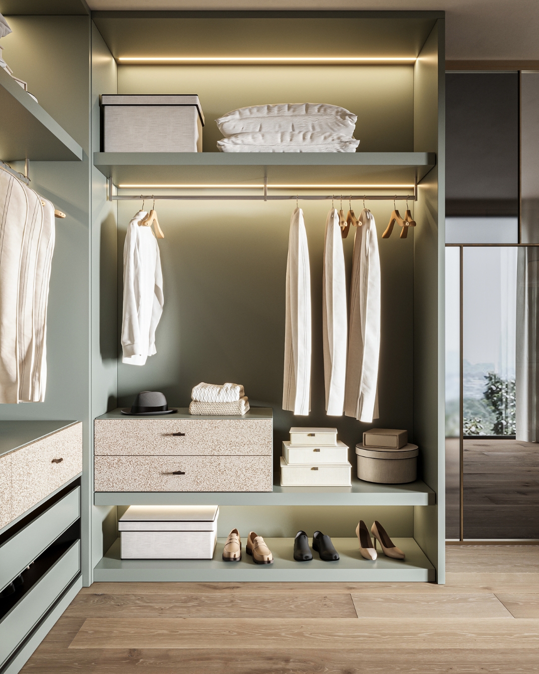 15. Regal Haven: a Walk-in Wardrobe with a Majestic Velvet Ottoman and Chandelier