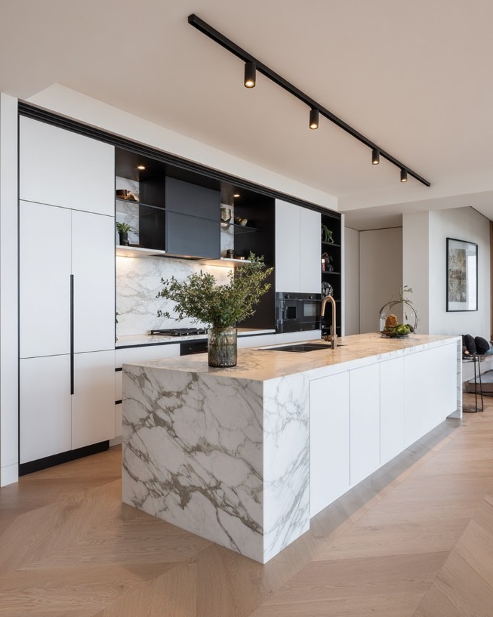 1. Monochromatic Marble Mosaic with Geometric Brass Accents