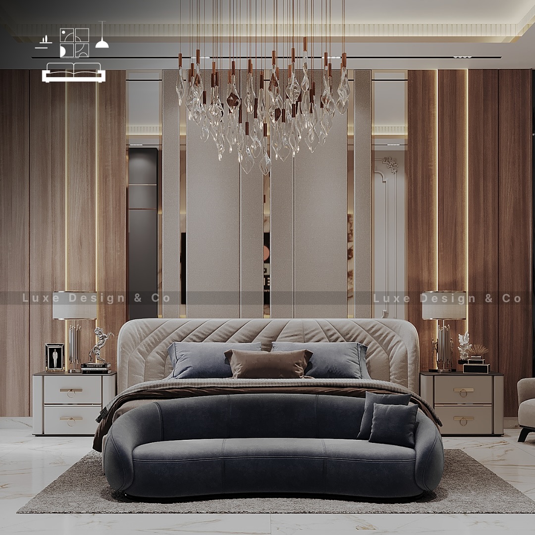 14. the Crimson Velvet Canopy Bed with Geometric Wall Art