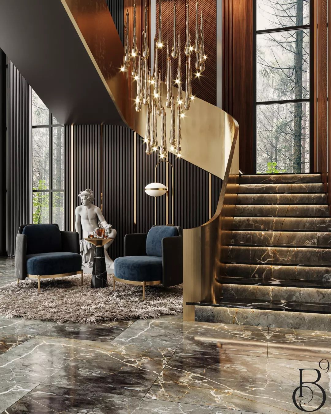 12. Twilight Glow: a Foyer Illuminated by a Single Amber Pendant Light