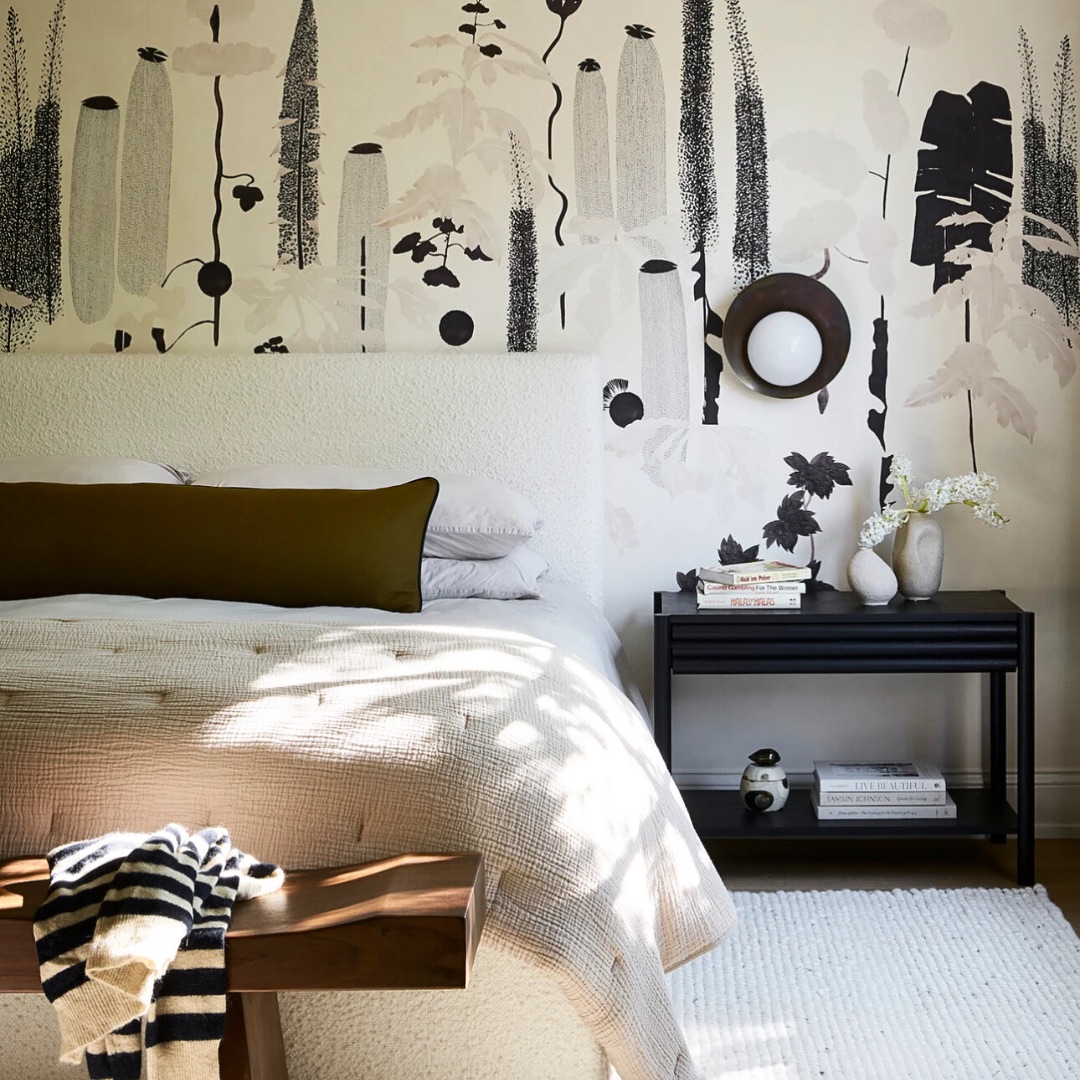 21. the Moonlit Oasis: a Bedroom with a Suspended Crescent Light and Woven Textures