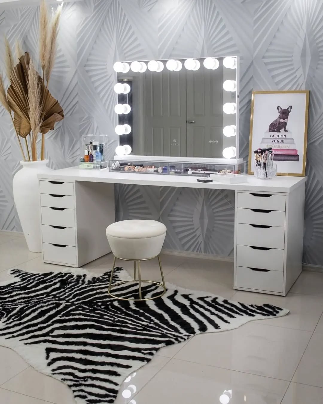 6. Moonlit Serenity: Crescent-shaped Mirror Over a Vintage White Vanity with Gold Accents