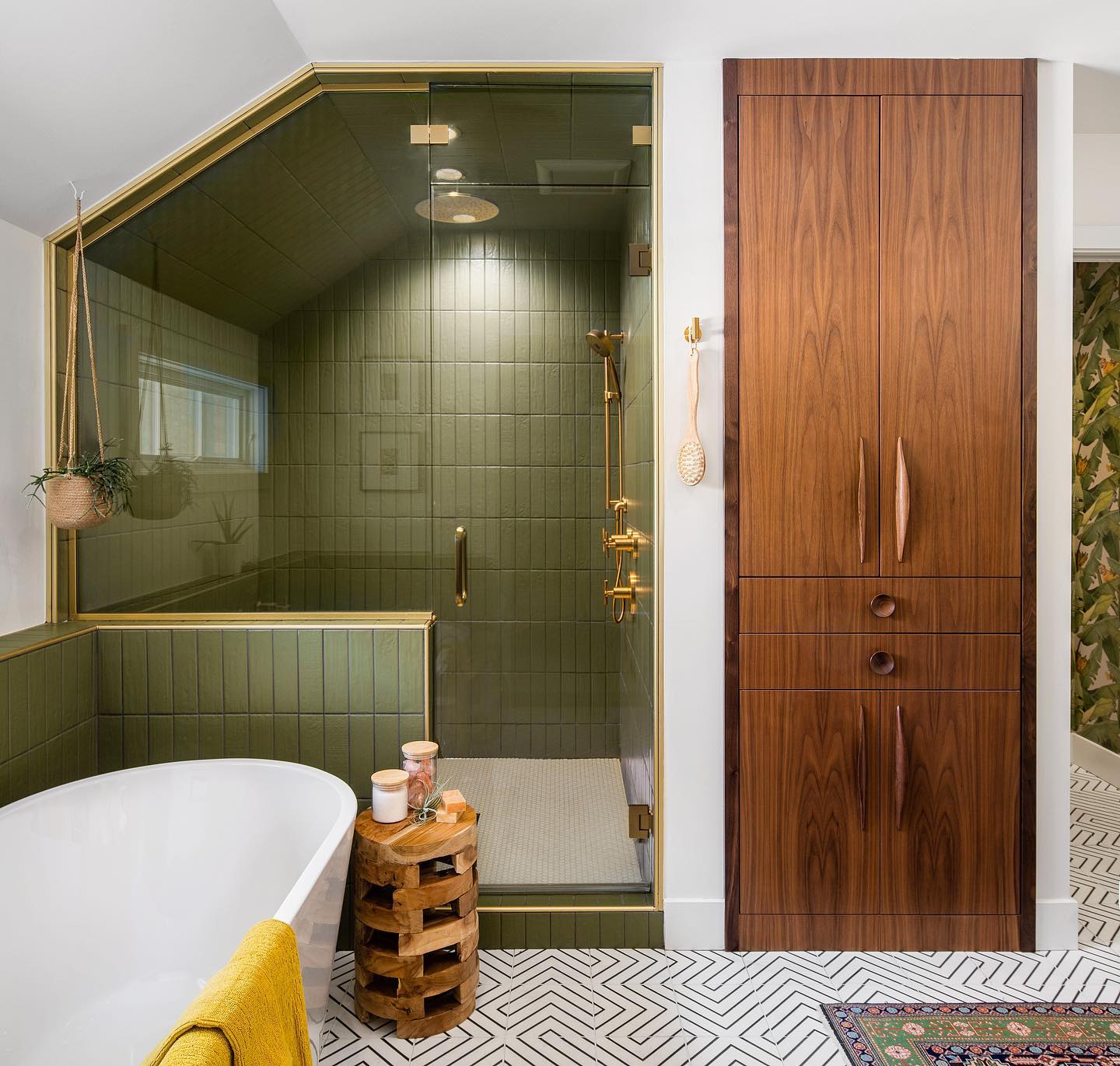 6. Mid Century Minimalist with Monochrome Mosaic and Floating Wood Shelf