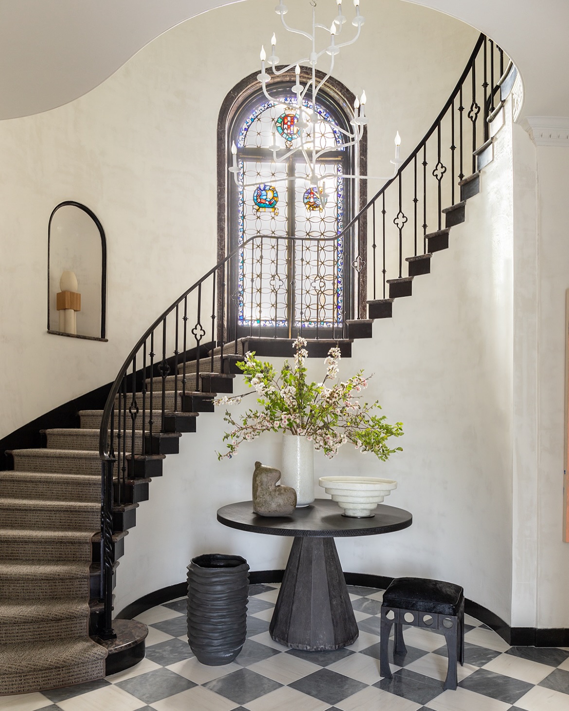 14. Velvet-curtained Archway with Gilded Mirror Reflecting a Monstera's Embrace