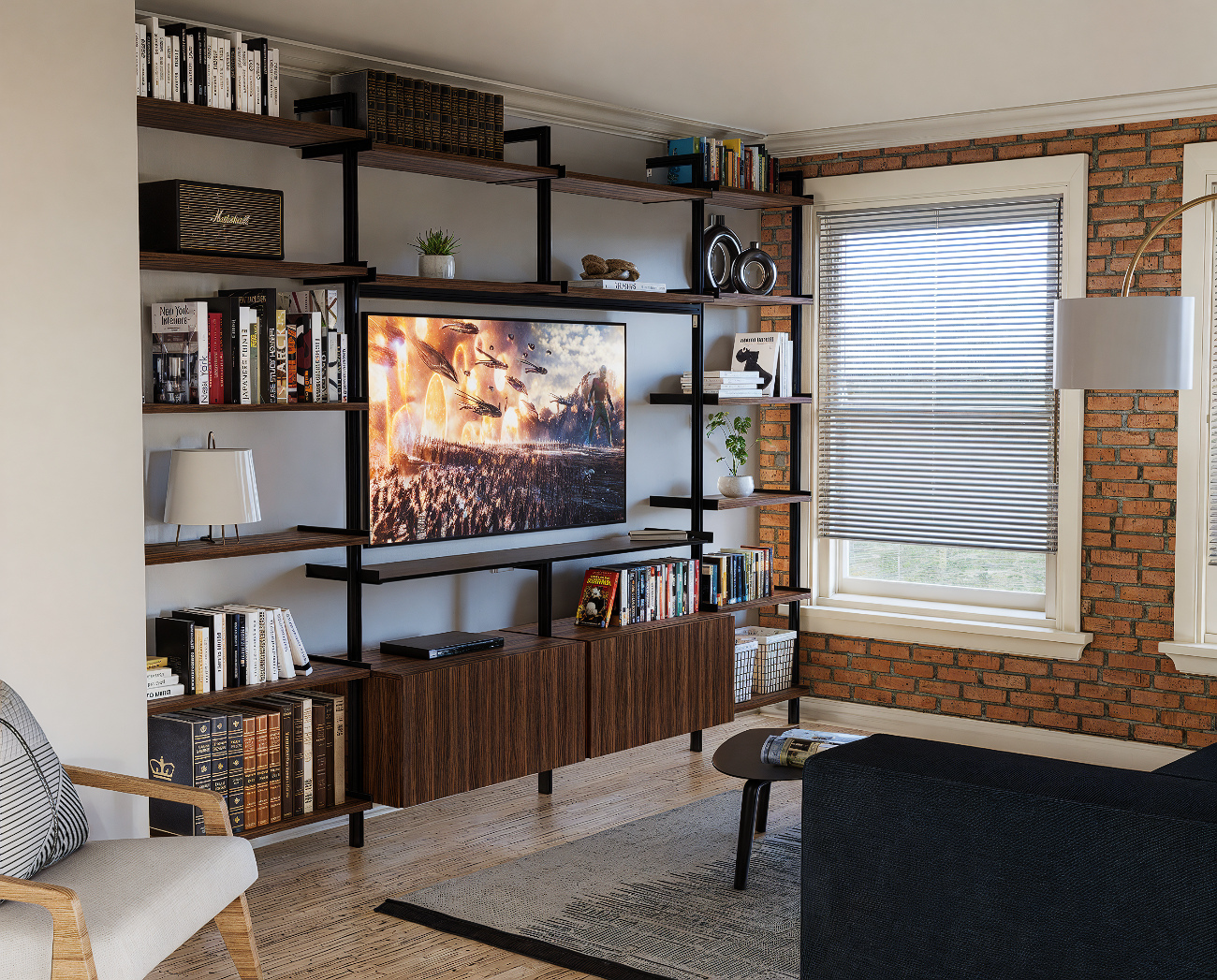 12. Neon Glow Geometric Shelves Illuminate Quirky Collectibles Underneath the Tv