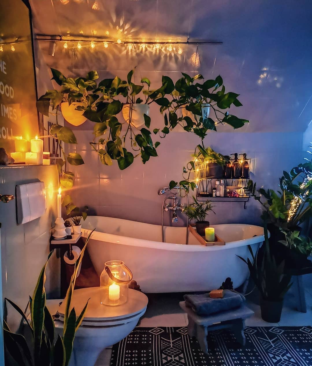 9. Moonlit Moss Terrarium and Crystal Vase In a Witchy Bathroom Nook