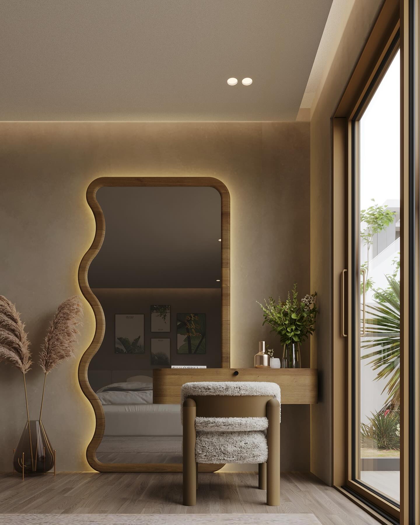 4. Crimson Velvet Curtains Framing a Sunlit Vintage Vanity