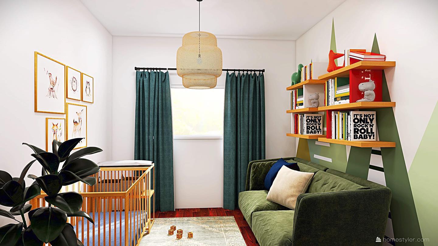 6. Vibrant Rainbow Crib and Geometric Wall Shelves In a Petite Nursery
