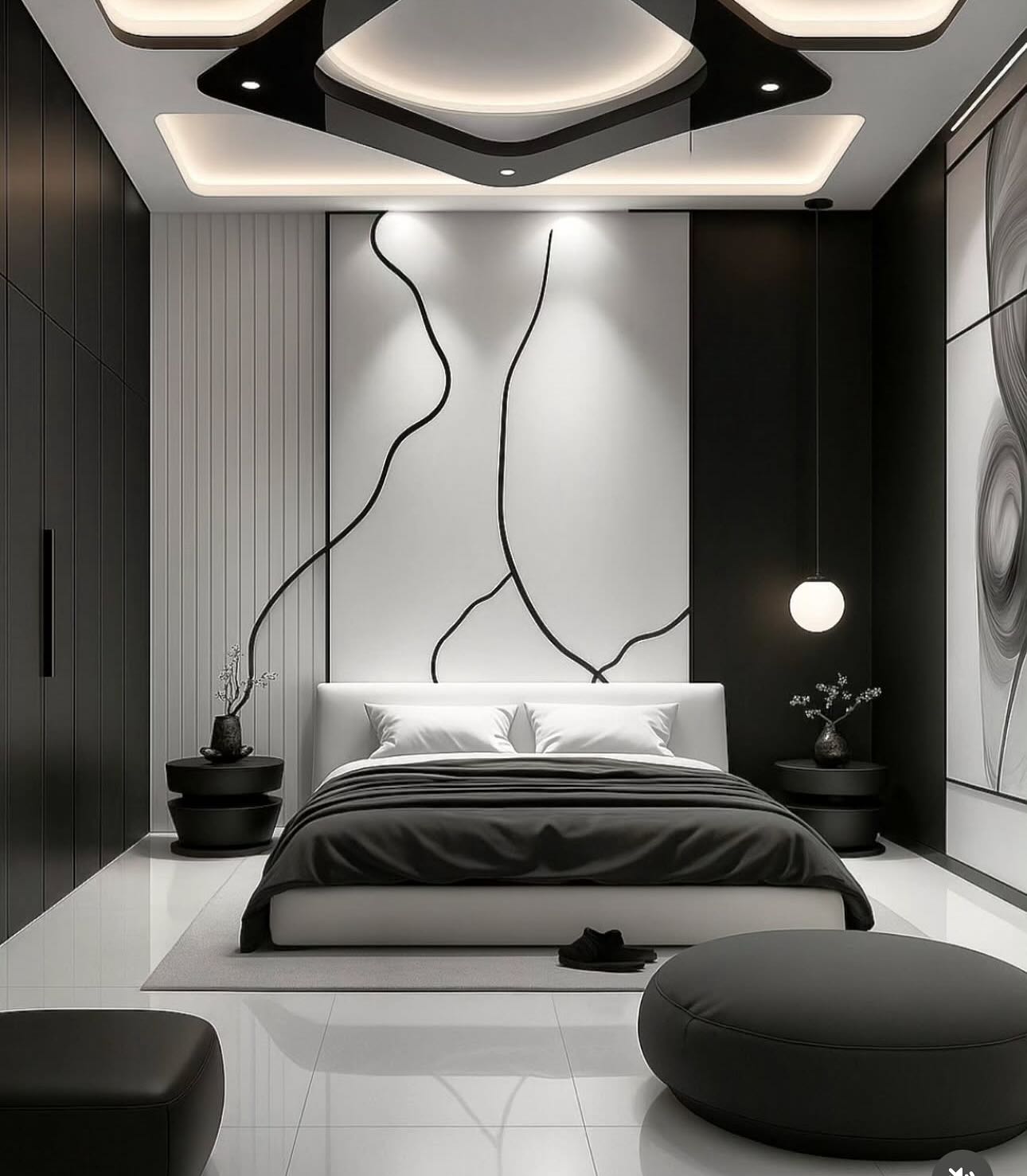 5. Moonlit Serenity with Geometric Wall Accents