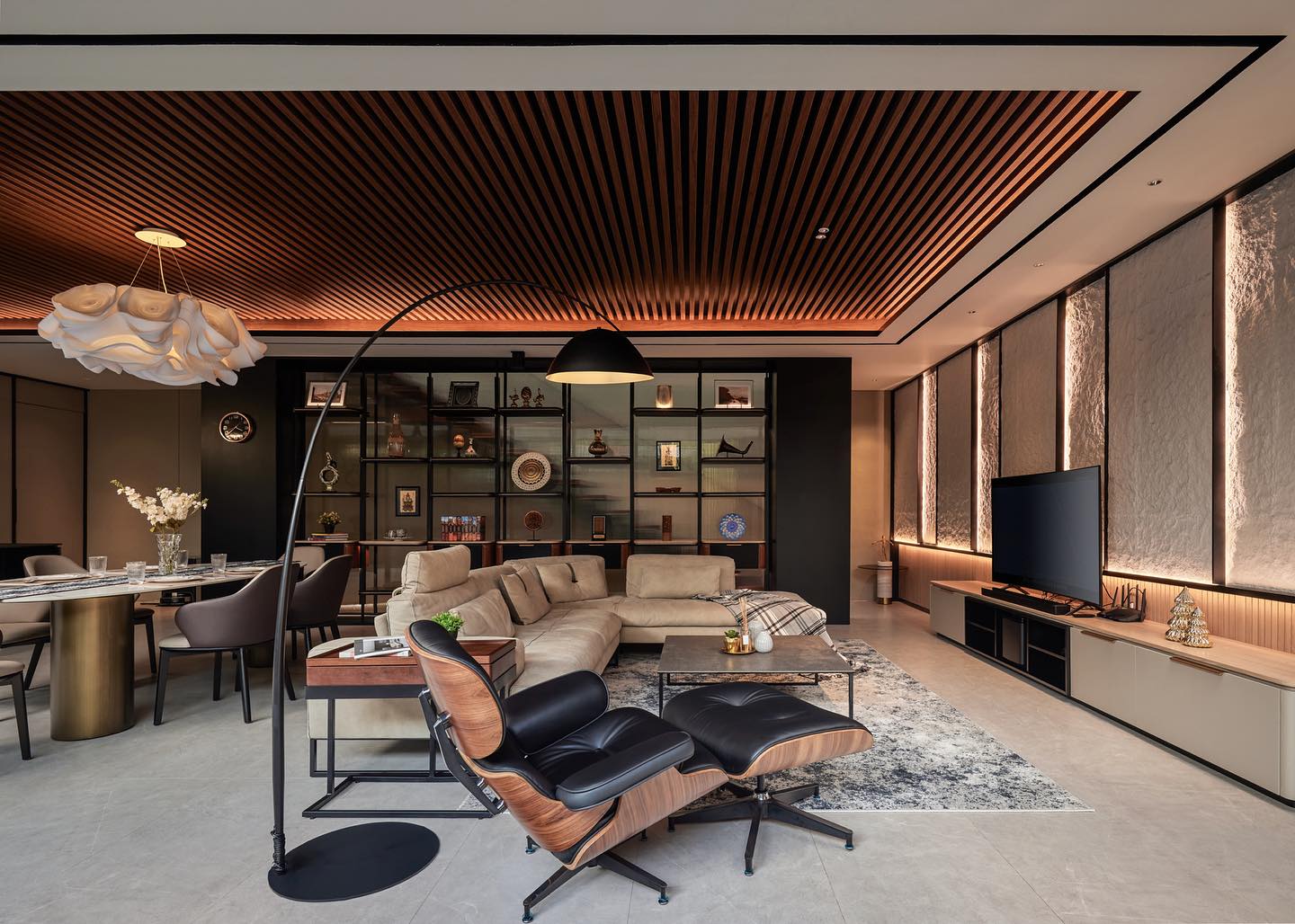 19. Rectangular Harmony with Diagonal Accents and Textured Rugs