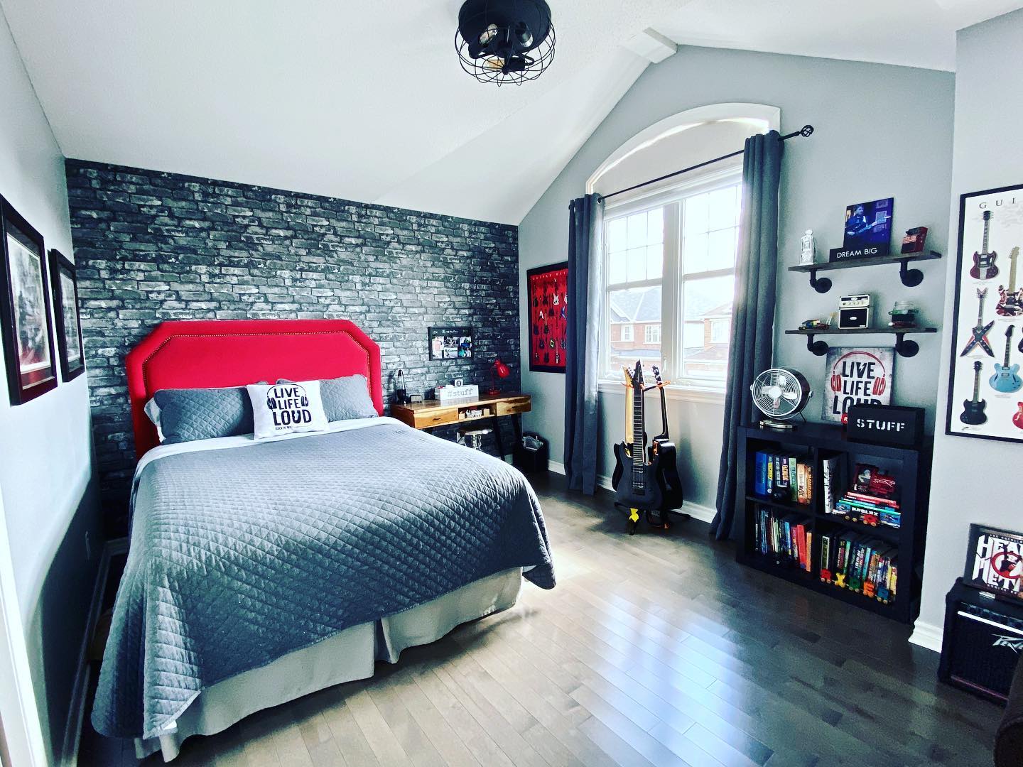 31. Neon Glow Gaming Nook with Floating Shelves and Starry Ceiling