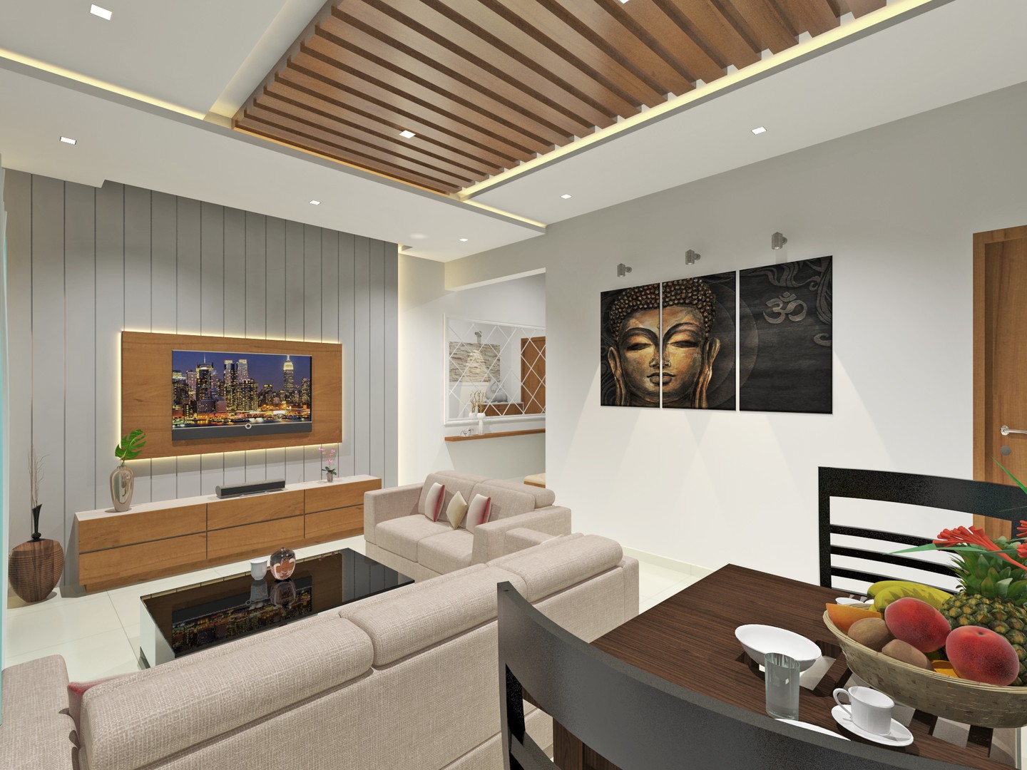 15. the Crimson Sofa and Geometric Rug Fusion In a Petite Space