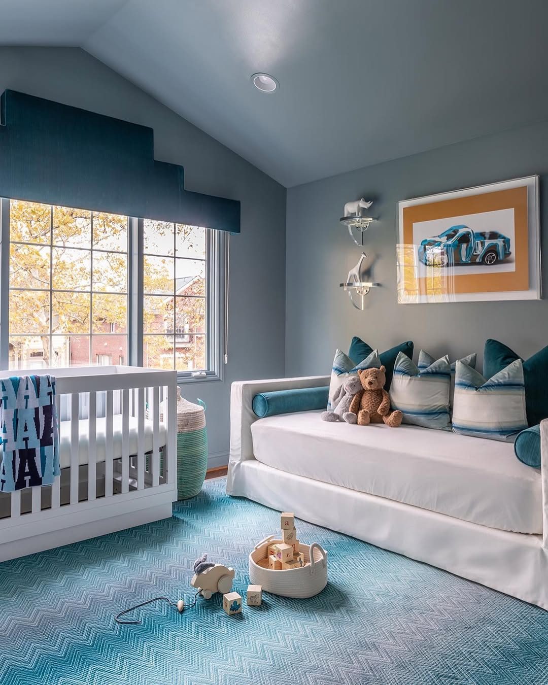 18. Tiny Jungle Canopy Bed with Gingham Accents and Plush Giraffe