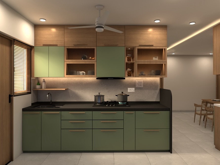 9. Vibrant Green Ferns and Elegant White Plates Dance Above Maple Cabinets