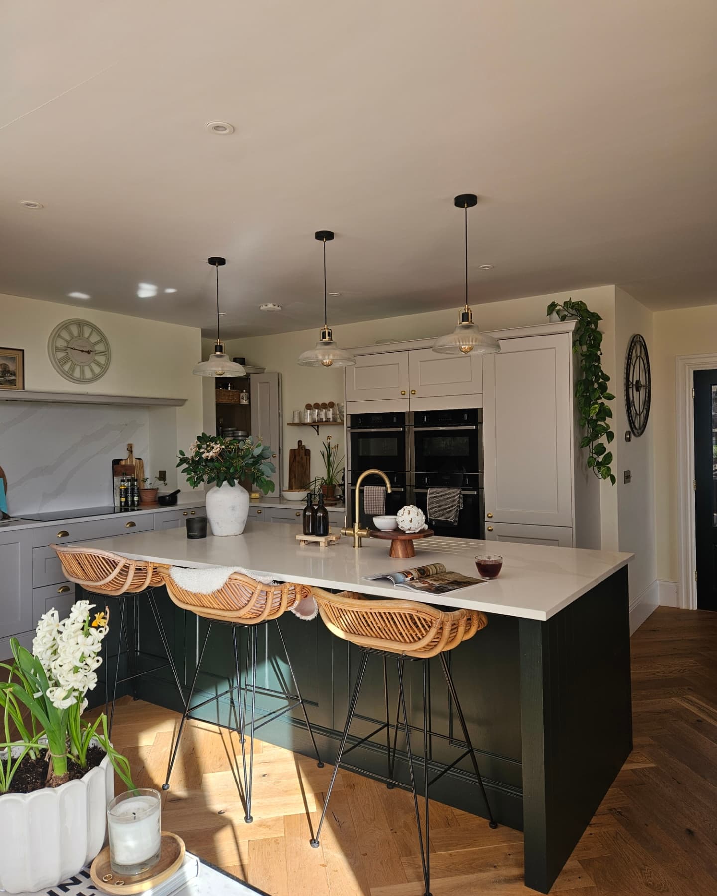 3. a Woven Basket-weave Patterned Island with Industrial Pendants