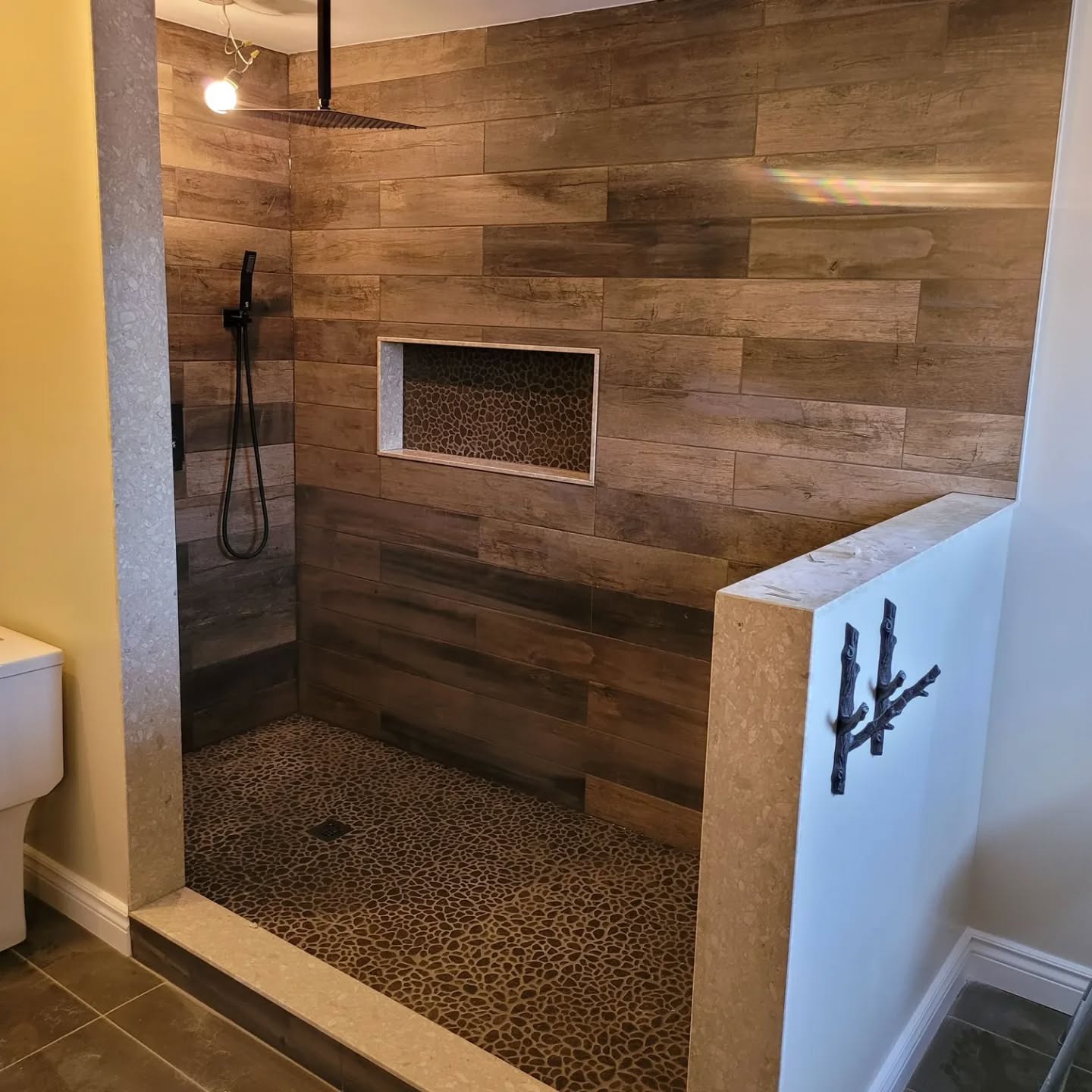 29. the Moss-covered Stone and Weathered Wood Walk-in Shower