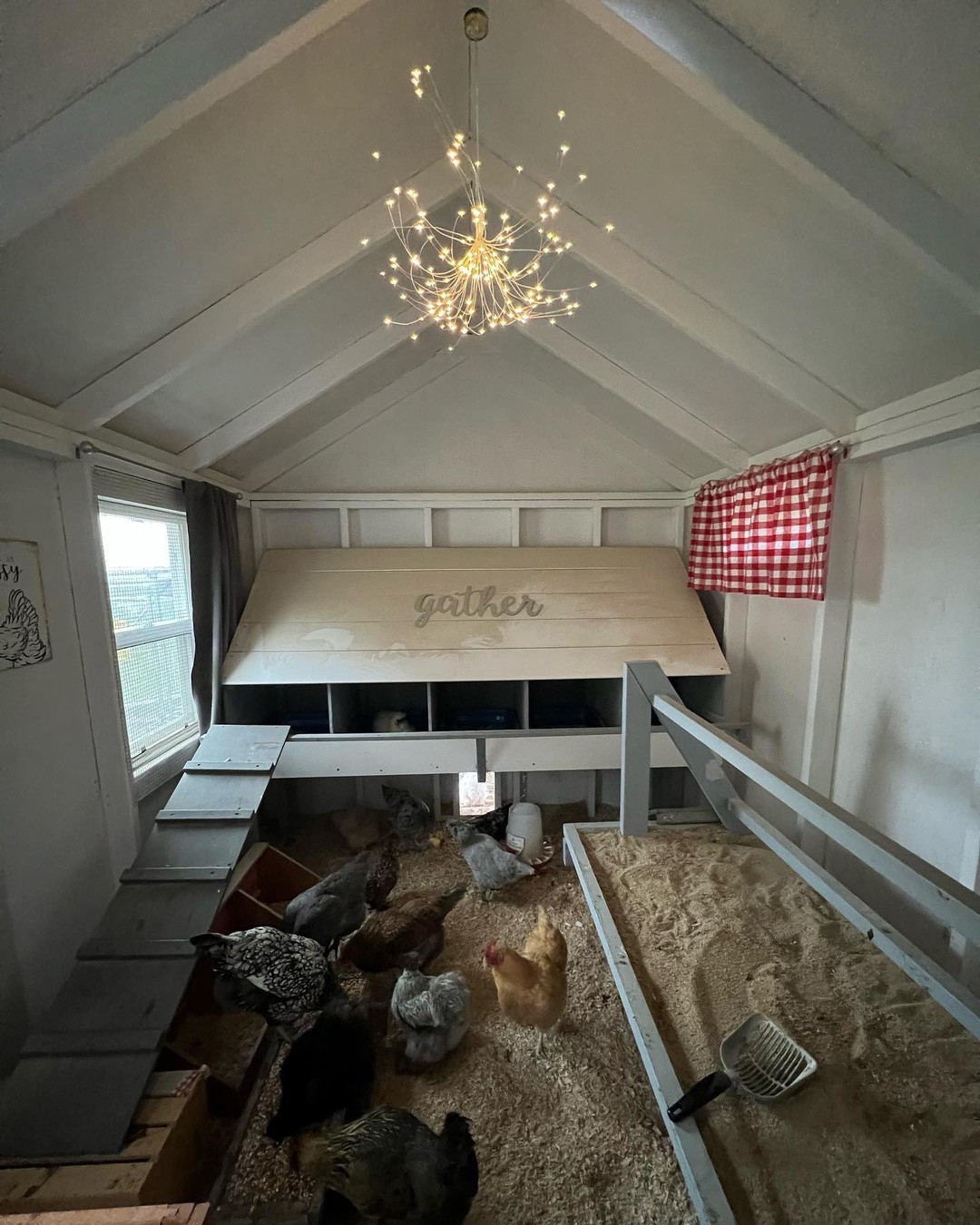 11. a Triangular Perch and Red Ladder In a Compact Coop Haven