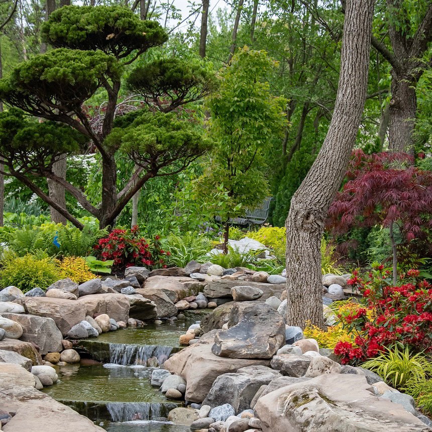 17. Tiny Terracotta Tumbles: a Miniature Waterfall Nestled Among Variegated Foliage