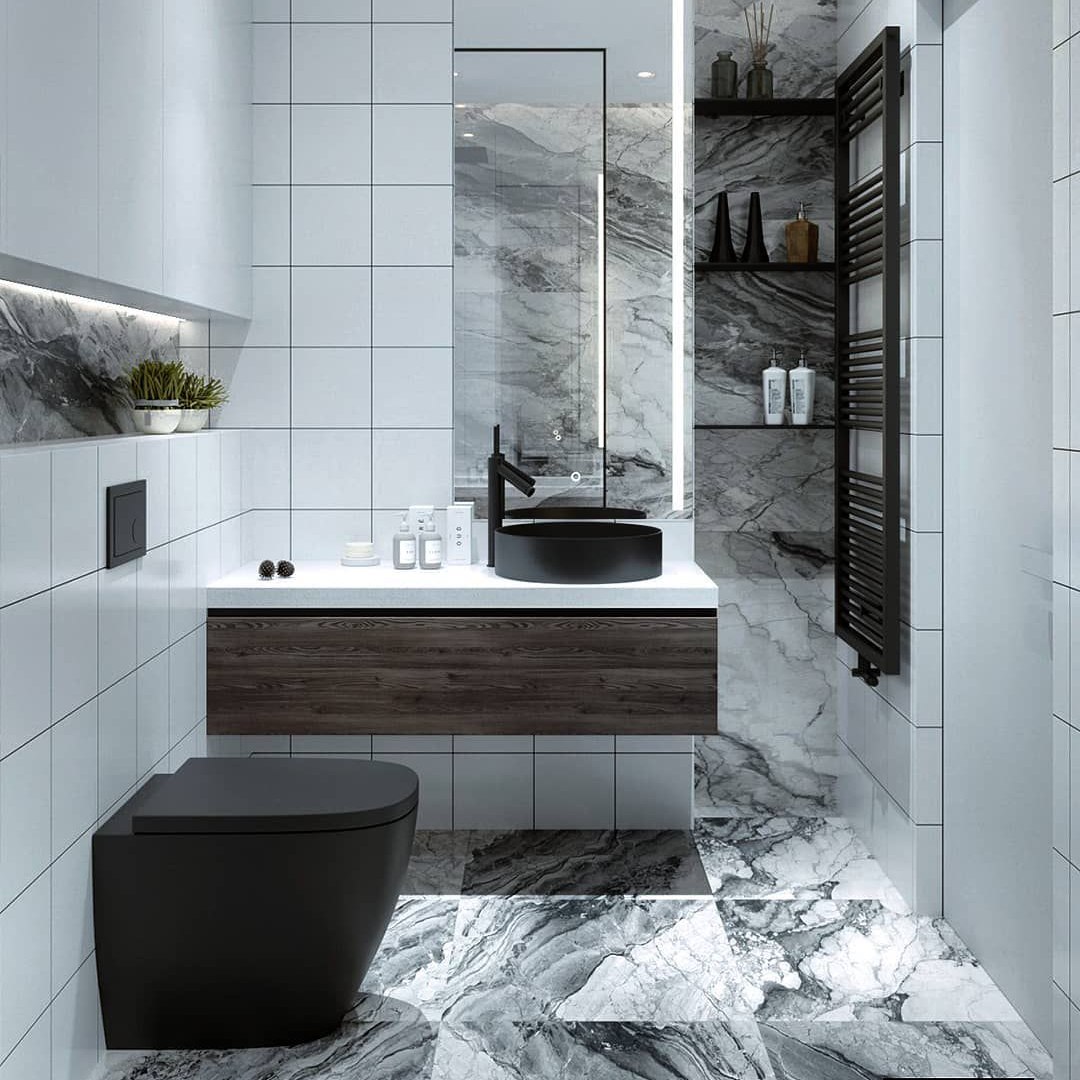 3. Black and White Mosaic Medallion Tiled Floor with Dual Vessel Sinks