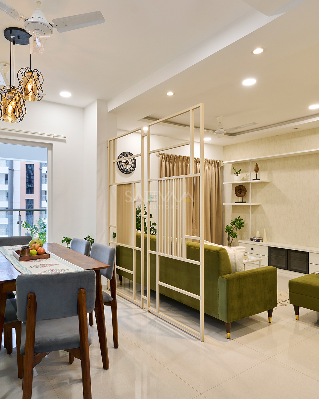 32. the Crimson Sofa and Geometric Shelves Symphony In a Petite Space