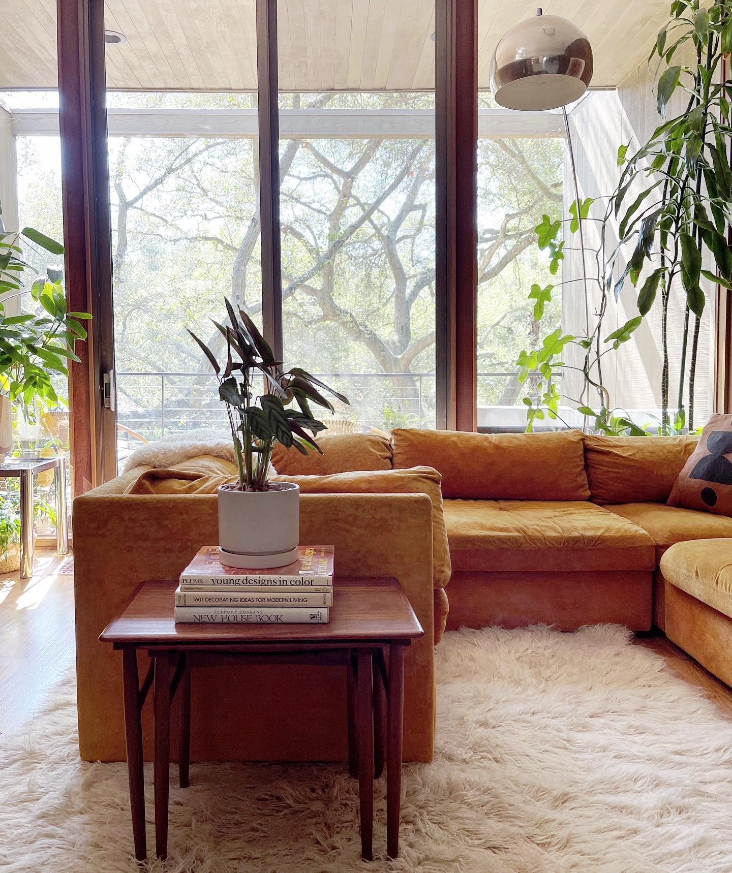 13. Mid-century Teak Bookcase with Geometric Vase and Amber Lighting