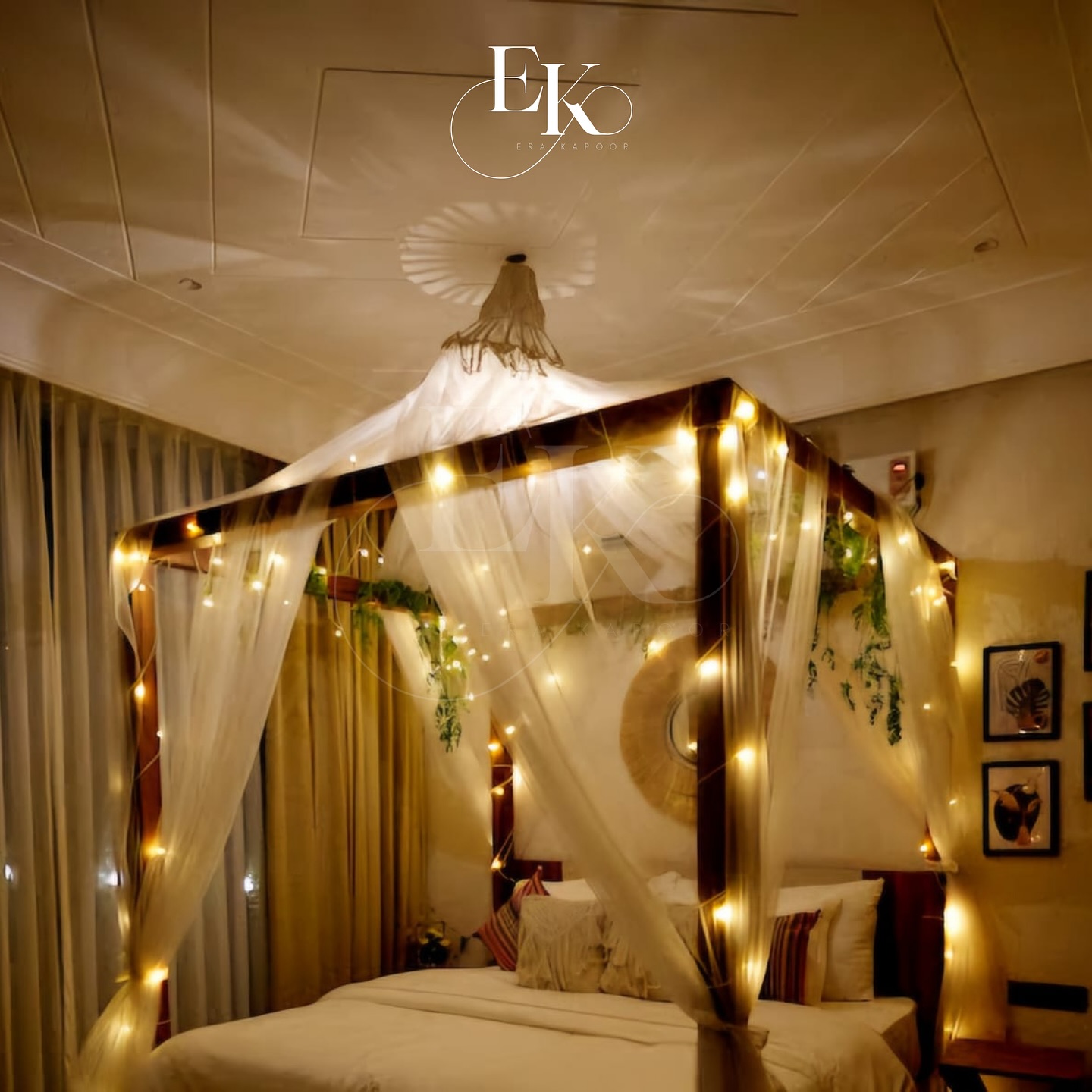 1. Twilight Glow Canopy Bed with Geometric Pillows and Vintage Lamp