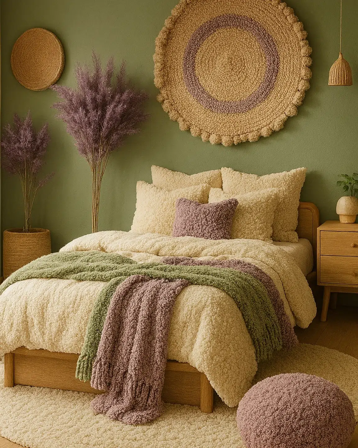 9. Sage Green Velvet Bed with Tasseled Throw In Sunlit Bohemian Nook