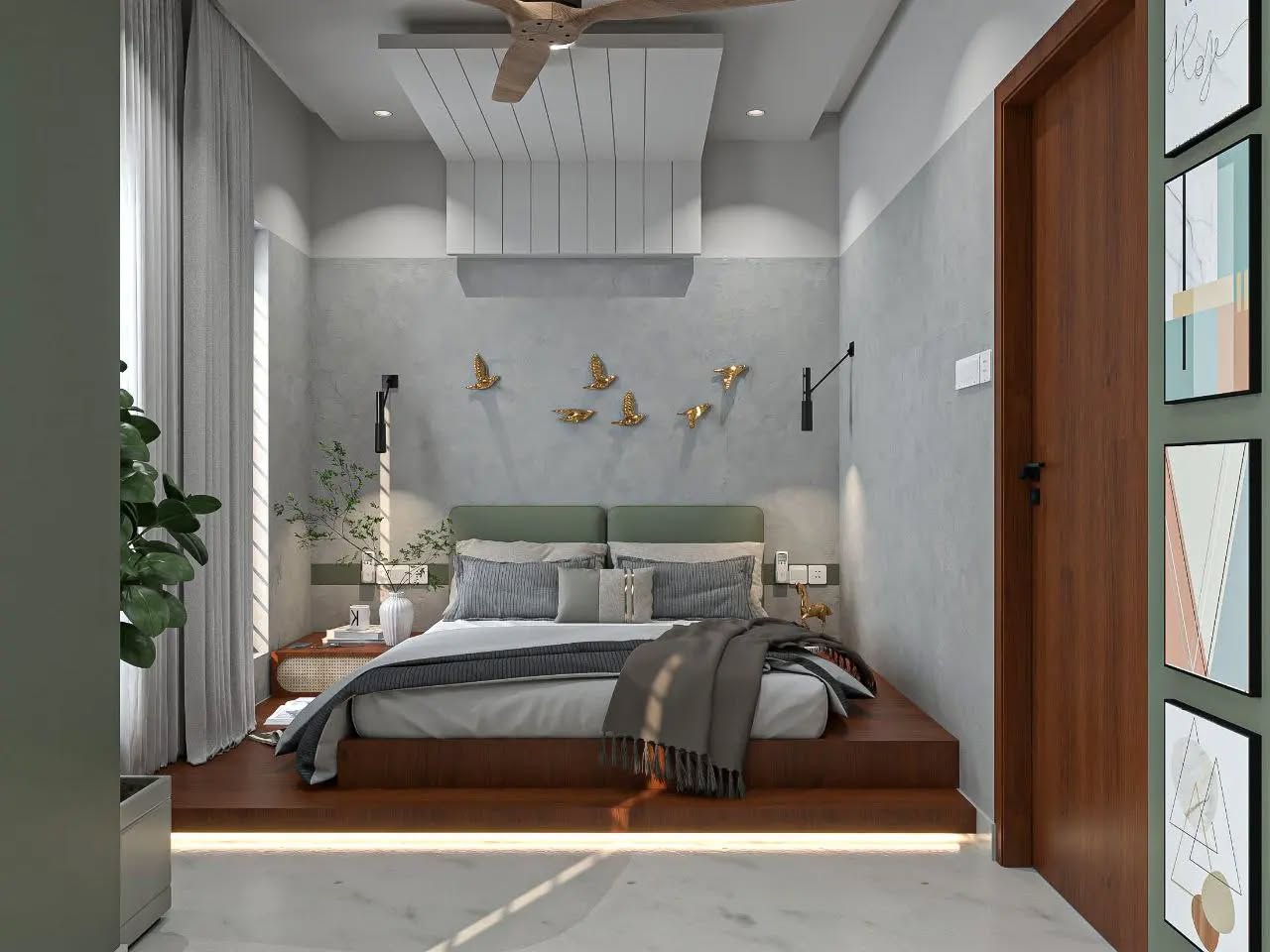 15. Moonlit Coastal Retreat: Bedroom Wall with Wavy Blue and White Panels