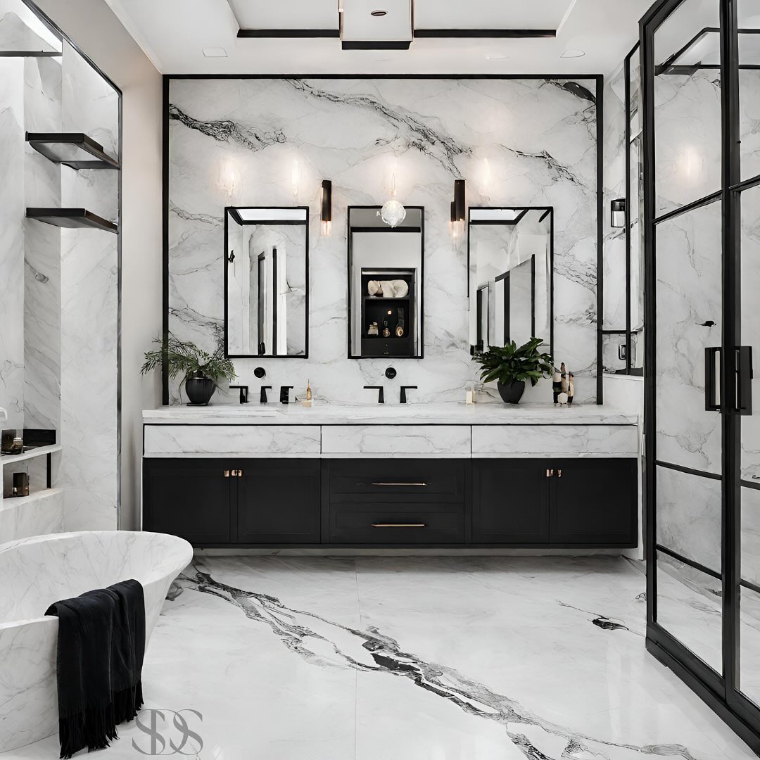 5. Monochrome Mosaic Marvel with Vintage Sink and Towel Ladder