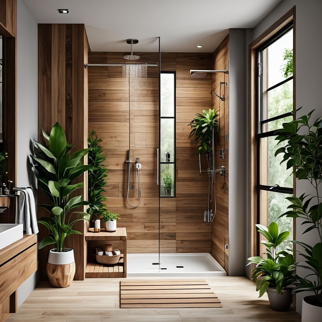 27. Sunlit Eucalyptus Branches and River Rock Mosaic: a Rustic Shower Retreat