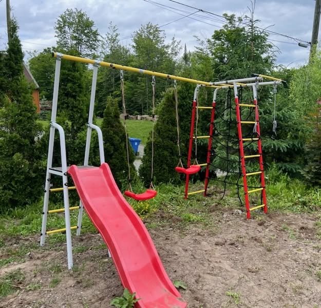 11. Vibrant Red Slide and Climbing Rope Transforming a Shady Corner Into Adventure Central