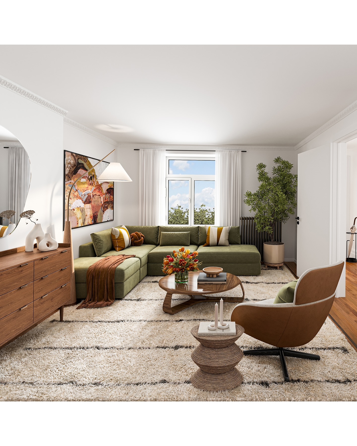 5. Mid-century Meets Minimalism: Walnut Sideboard and Geometric Rug Fusion