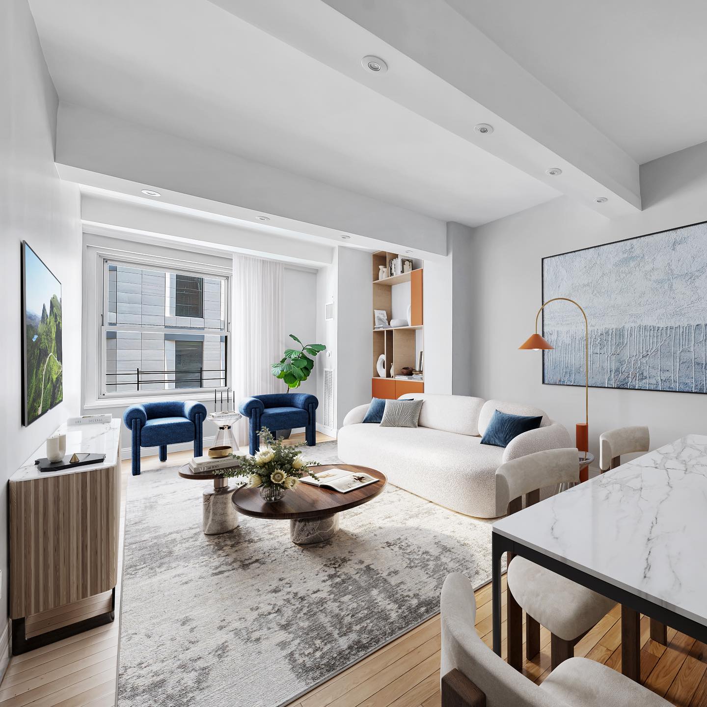 29. Moonlit Sonata: a Living-dining Fusion with Crescent-shaped Seating and Starry Accents