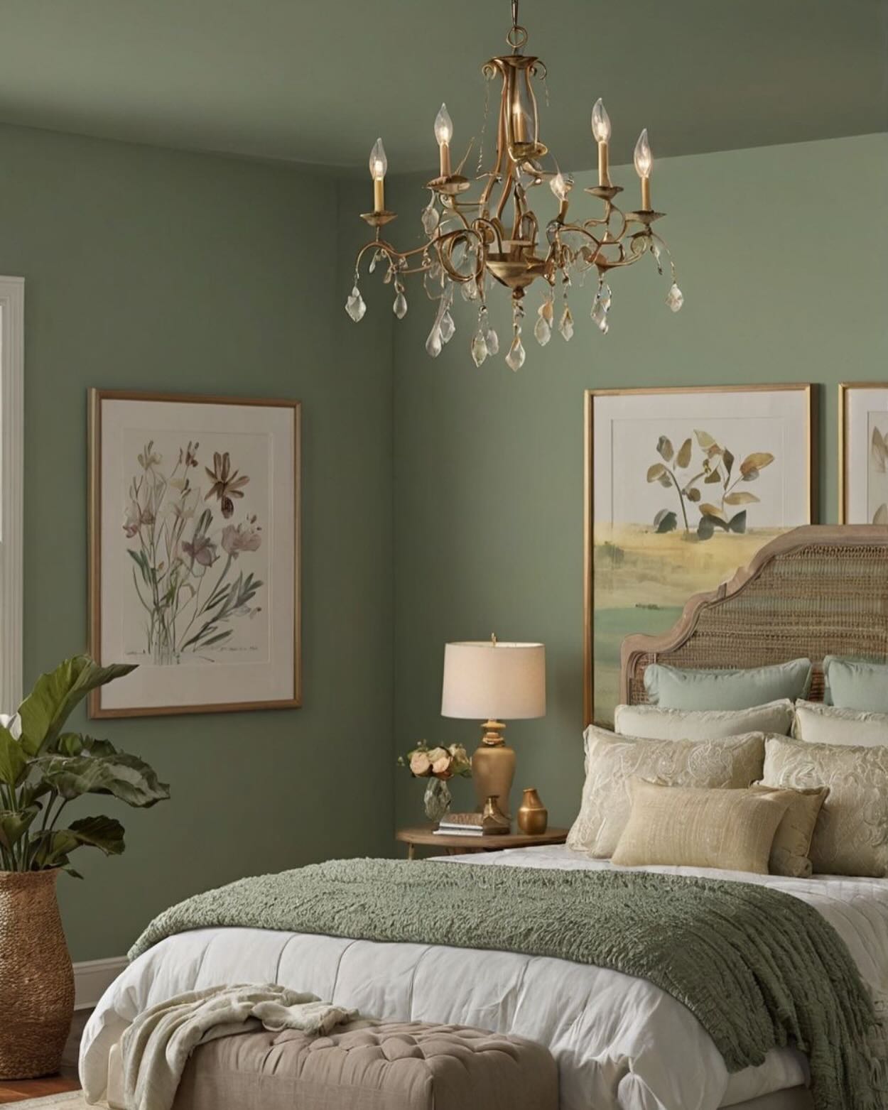 5. Sage Green Boho Haven with Macrame Wall Art and Vintage Trunk Nightstand