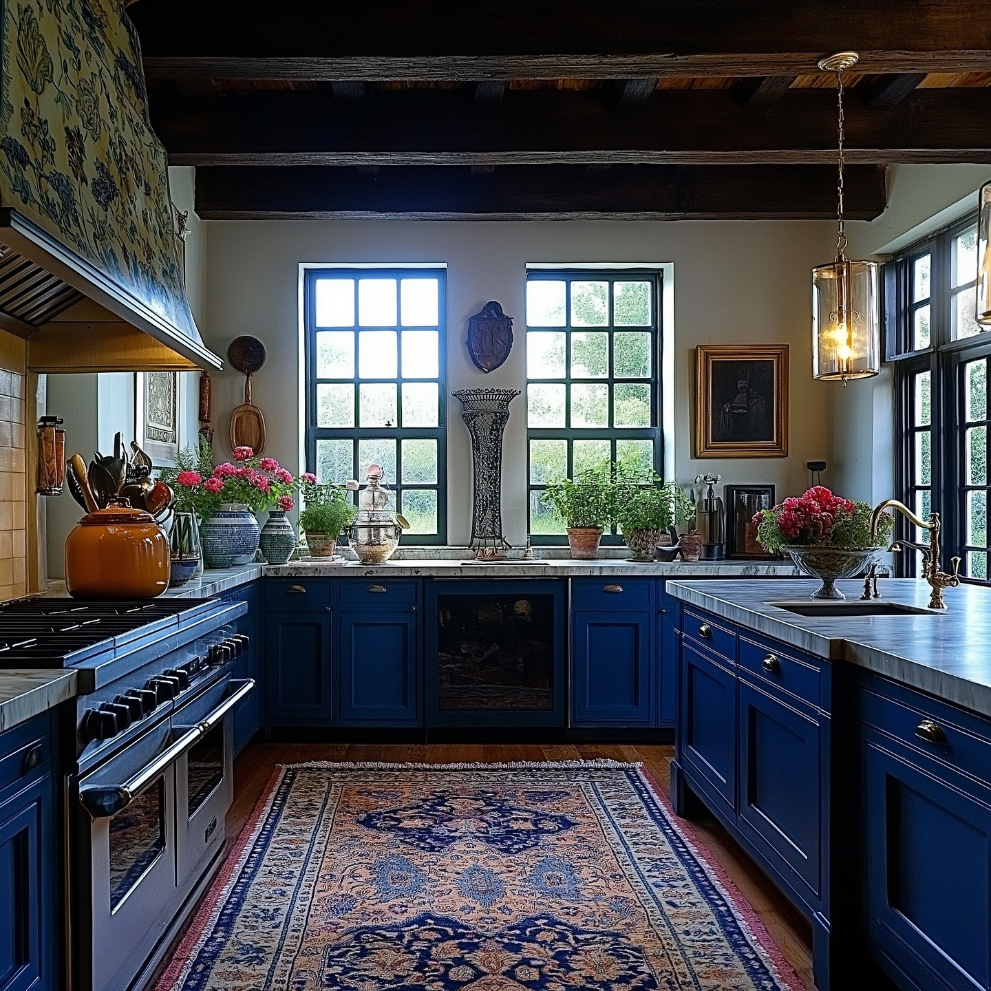 7. Cobalt Blue Cabinets with Vintage Brass Hardware and Geometric Backsplash