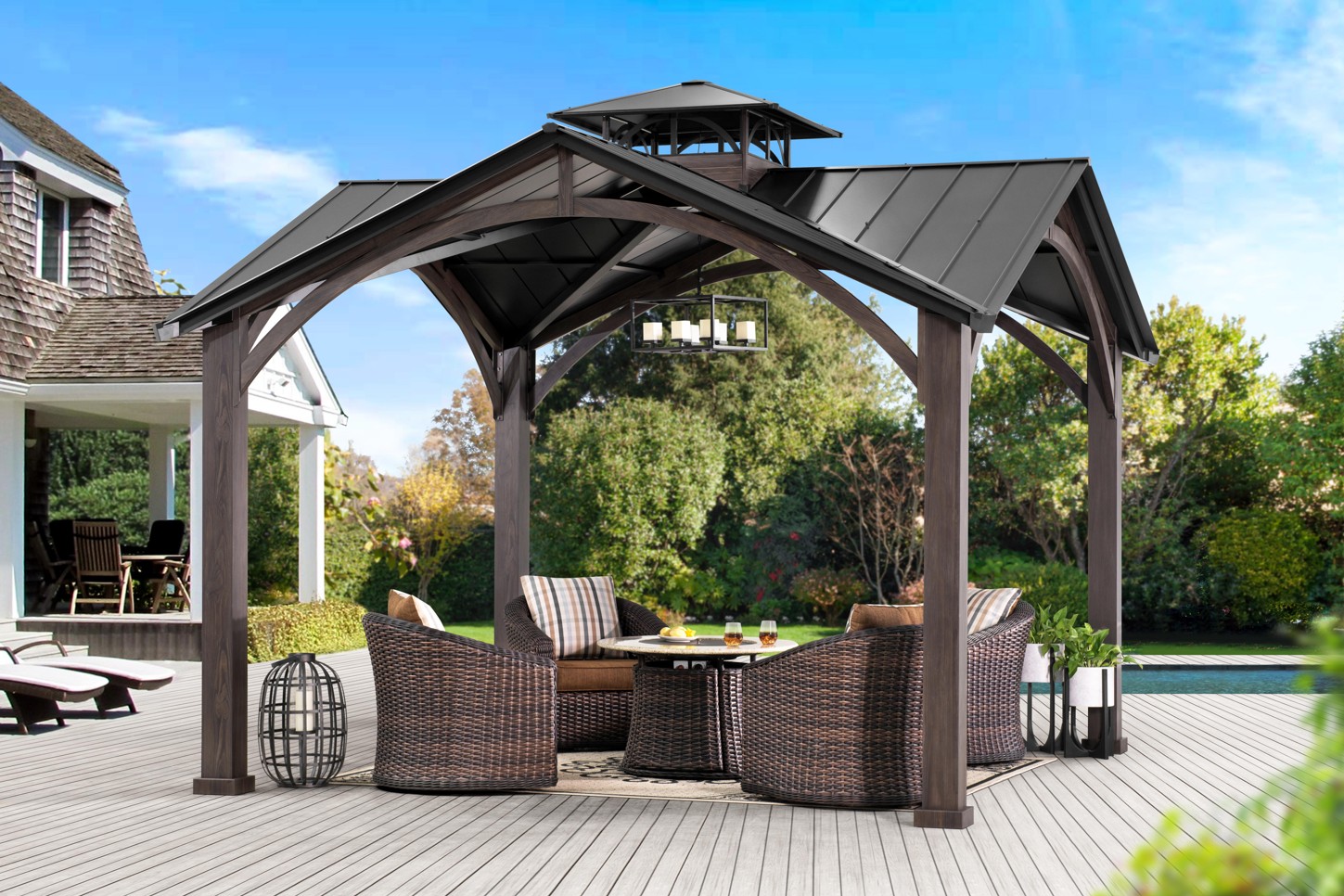 18. the Interwoven Willow Branches Pavilion with Stone Fireplace Accent