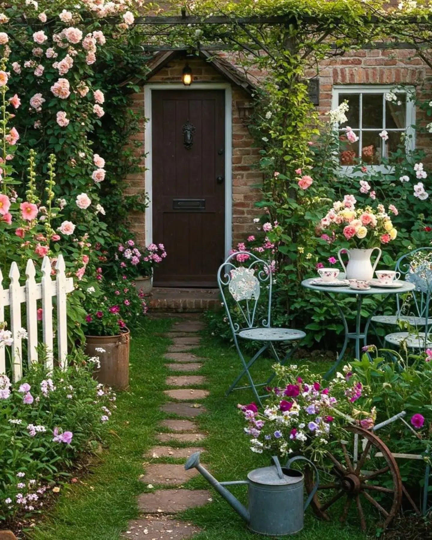 5. Tiny Teacup Garden with Cobblestone Path and Variegated Foliage