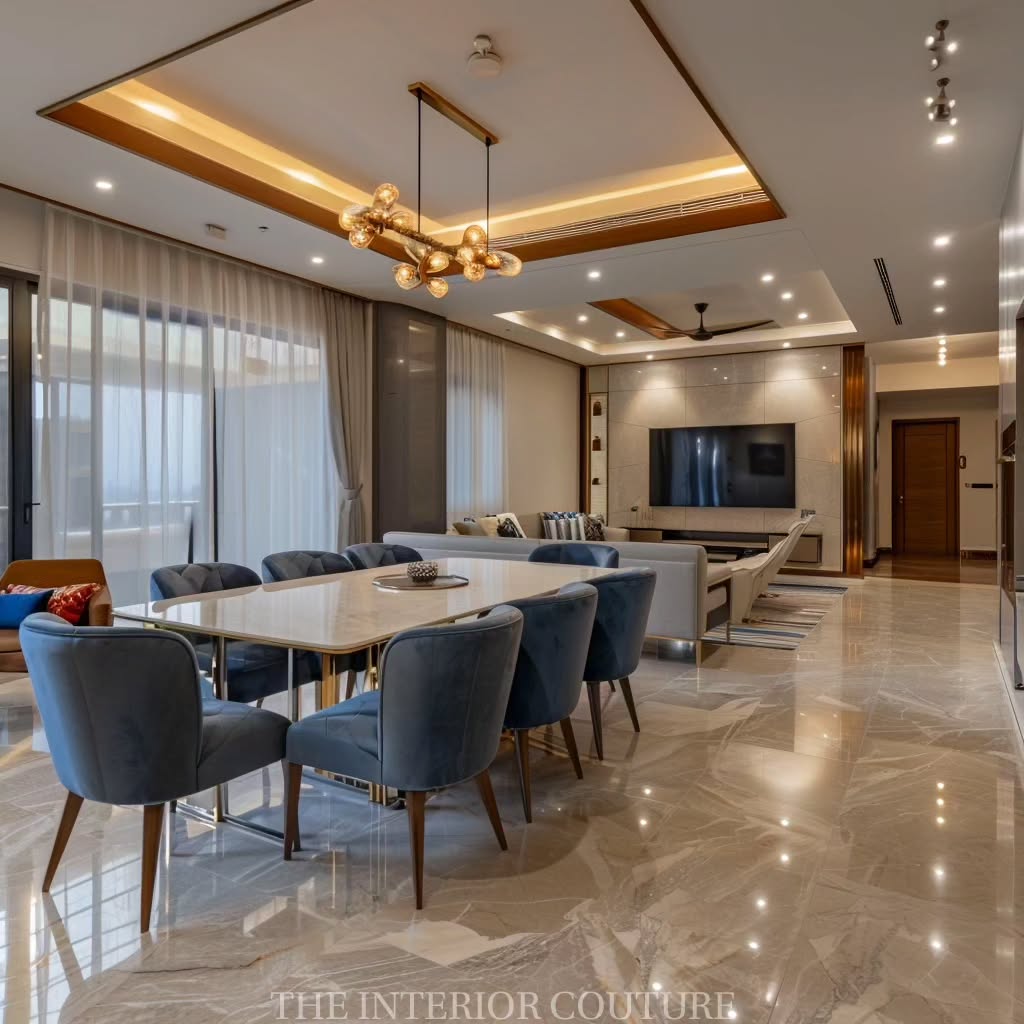 17. the Crimson Velvet Sofa and Geometric Wall Shelves Fusion