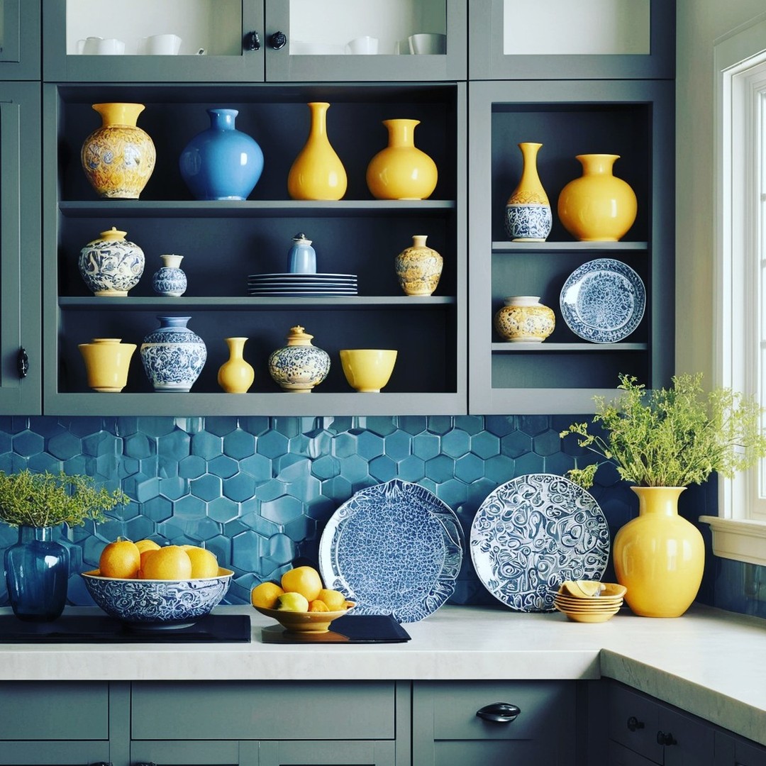 7. Intricate Mosaic Of Antique Plates and Vintage Books Above Ivory Cabinets