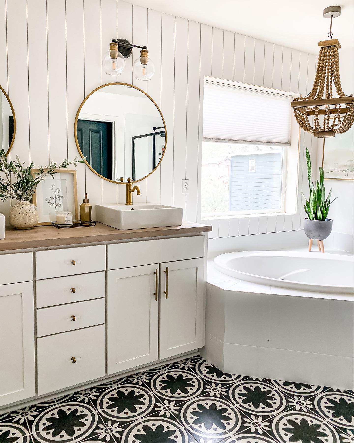 2. the Porcelain Sink with Brass Faucet and Geometric Tiled Backsplash