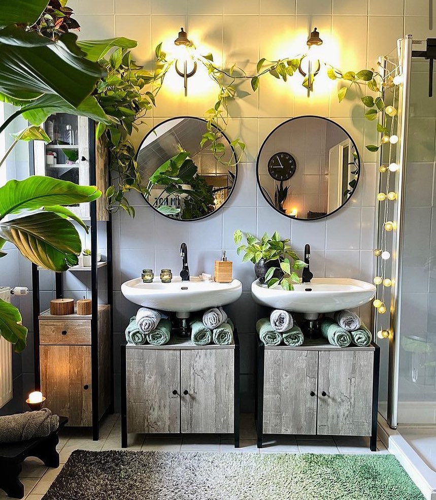 7. Moonlit Spell Potion Bottles on a Mossy Shelf In a Witchy Bathroom