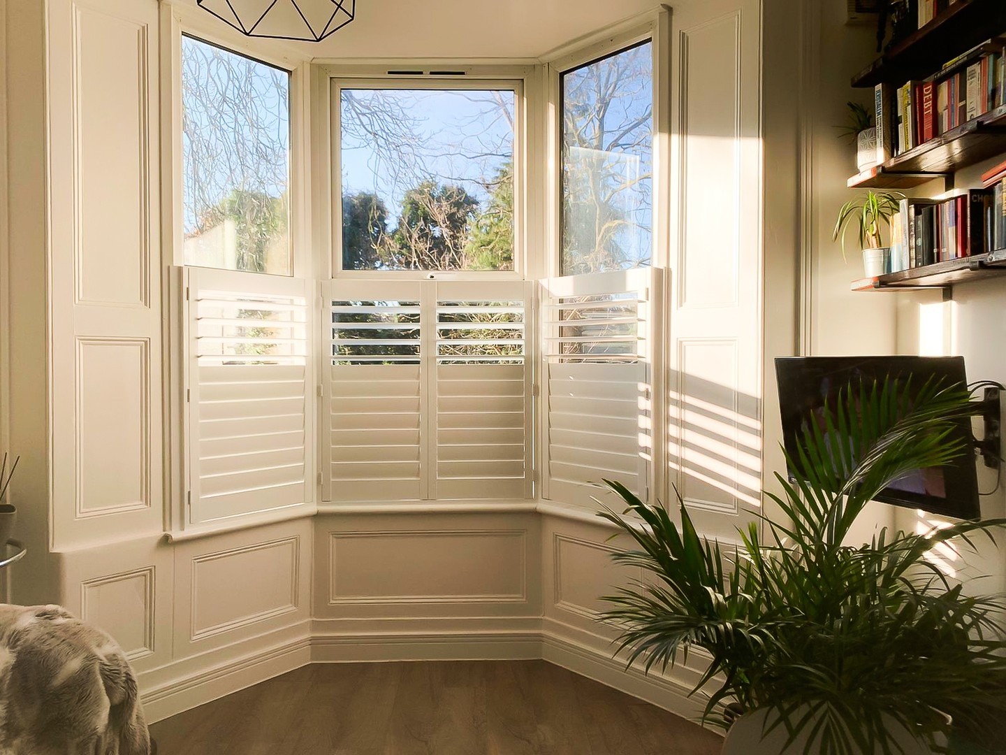 4. Bay Window Bookshelf with Vintage Suitcase and Potted Plants