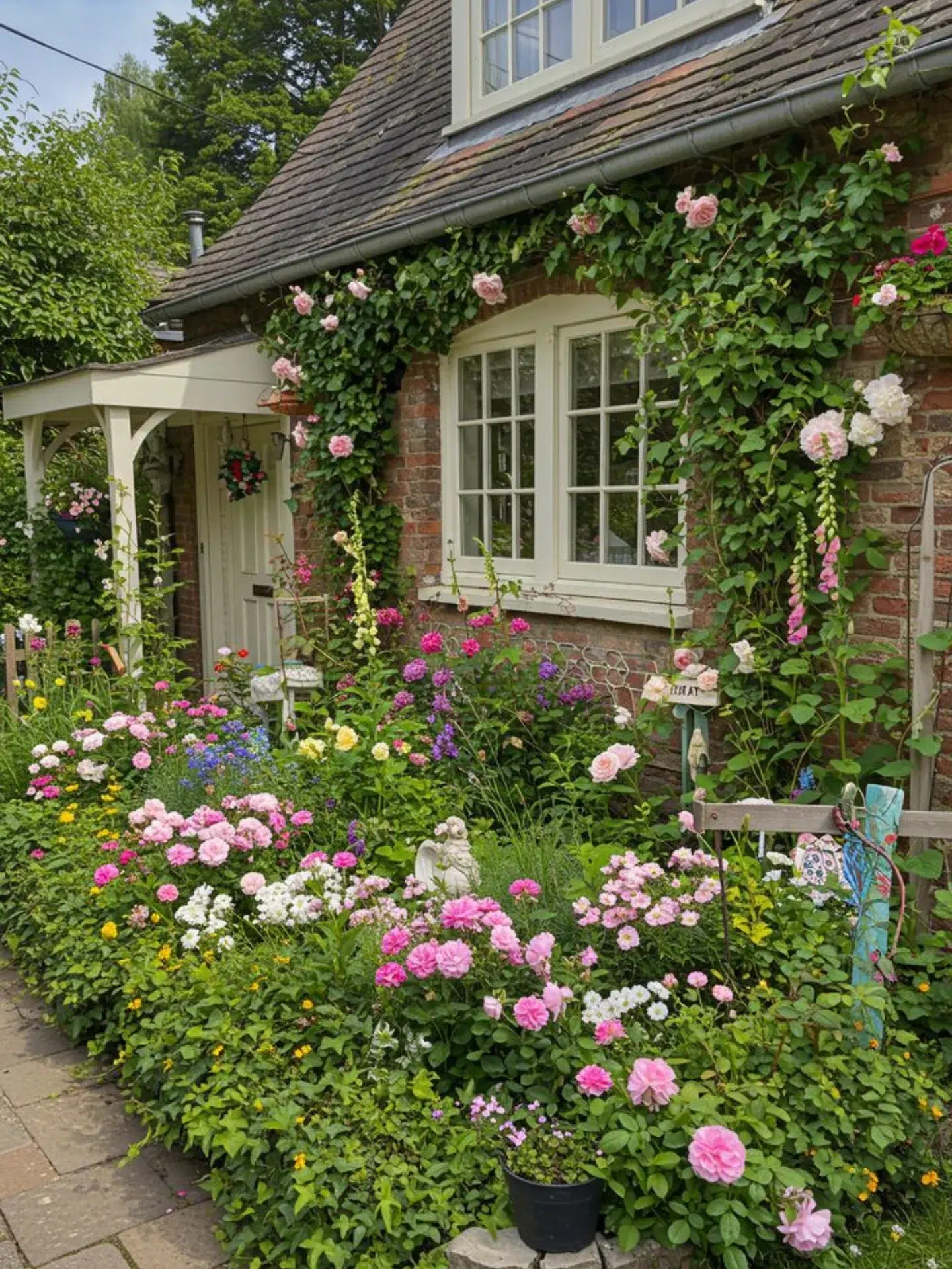 2. Sun-dappled Stone Pathway with Vibrant Lavender and Whimsical Fairy Lights