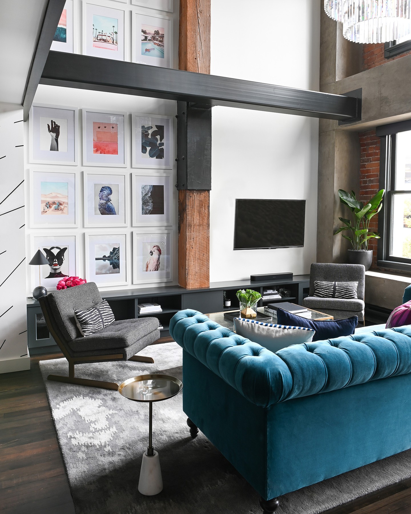 23. the Crimson Thread Weaving Through Eclectic Frames on a Sunlit Wall