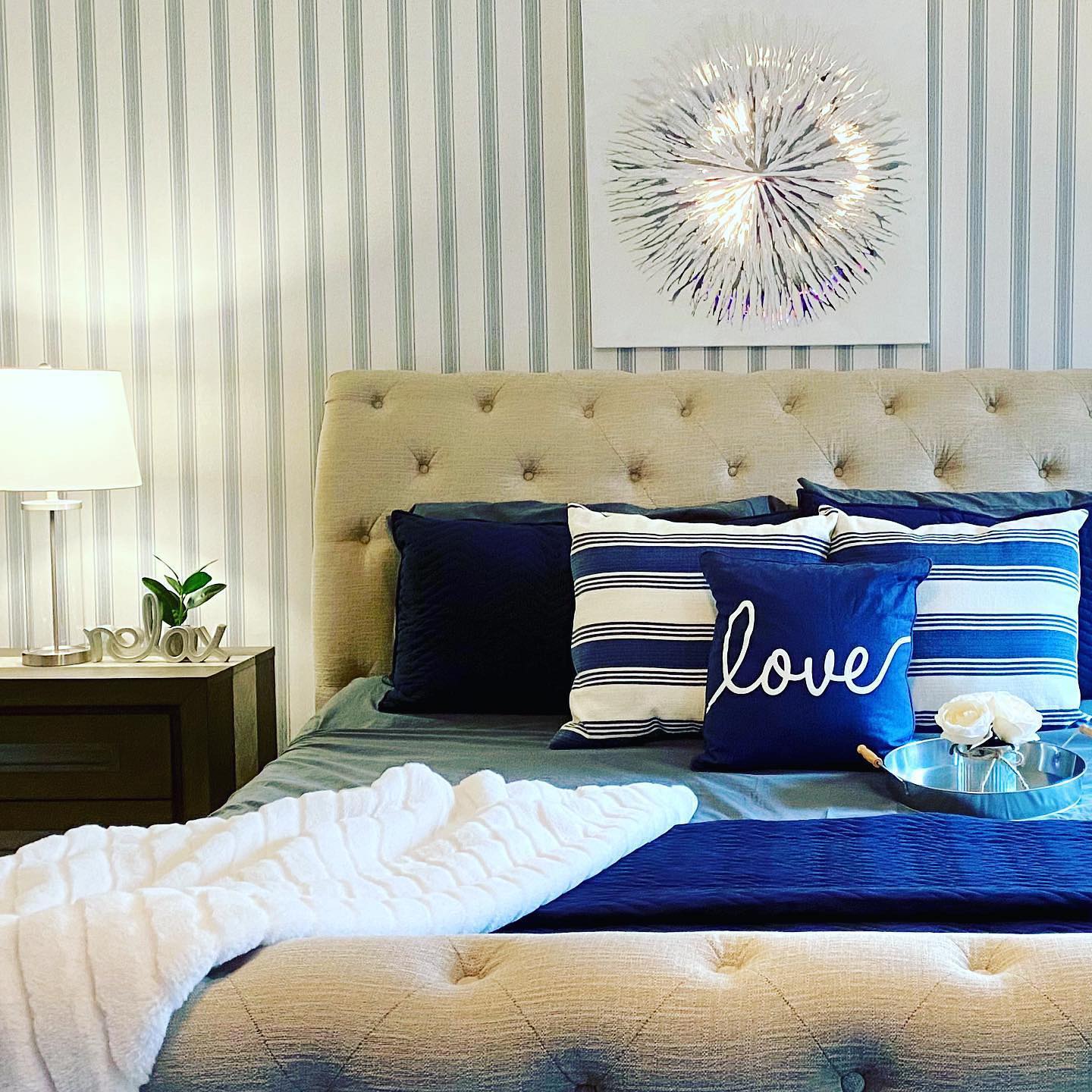 1. Velvet Waves and Geometric Precision: a Bedroom Wall with a Flair for the Dramatic